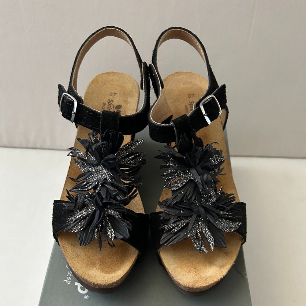 Spring Step Ivetta Black Suede Silver Shimmer Fringe Detail Cork Footbed 37